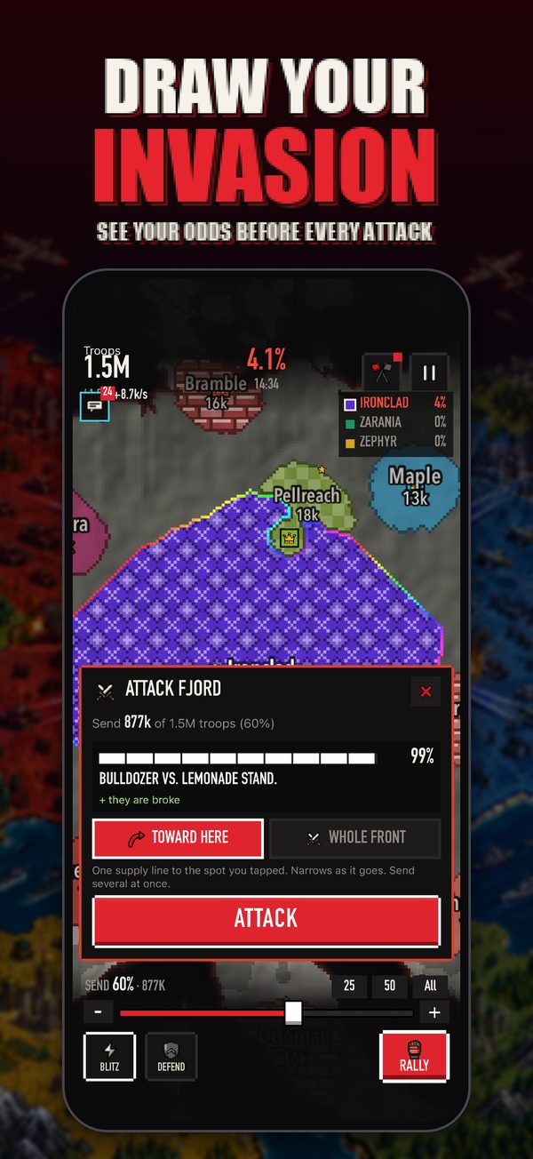 Draw your invasion: the attack card shows your odds